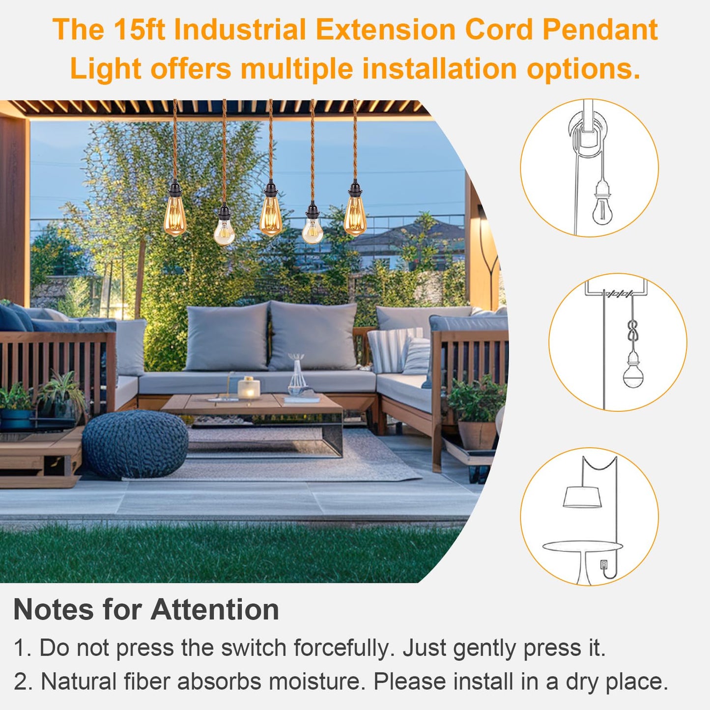 Plug in Pendant Light Cord - 15FT Industrial Hanging Light Kit, Hanging Lights with Plug in Cord With 15FT Hemp Rope, Hanging Lamp Kit with On/Off Switch,E26 E27 Light Socket, Bulb NOT Included