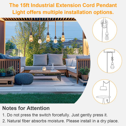 Plug in Pendant Light Cord - 15FT Industrial Hanging Light Kit, Hanging Lights with Plug in Cord With 15FT Hemp Rope, Hanging Lamp Kit with On/Off Switch,E26 E27 Light Socket, Bulb NOT Included
