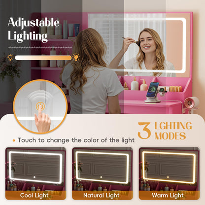 YESHOMY Vanity Desk with Lights and Mirror, L Shaped Makeup Table, Dresser with Hairdryer Holder and Power Outlet, Adjustable 3 Lighting Modes, 5 Drawers and Adjustabled Open Storage Shelves, Pink