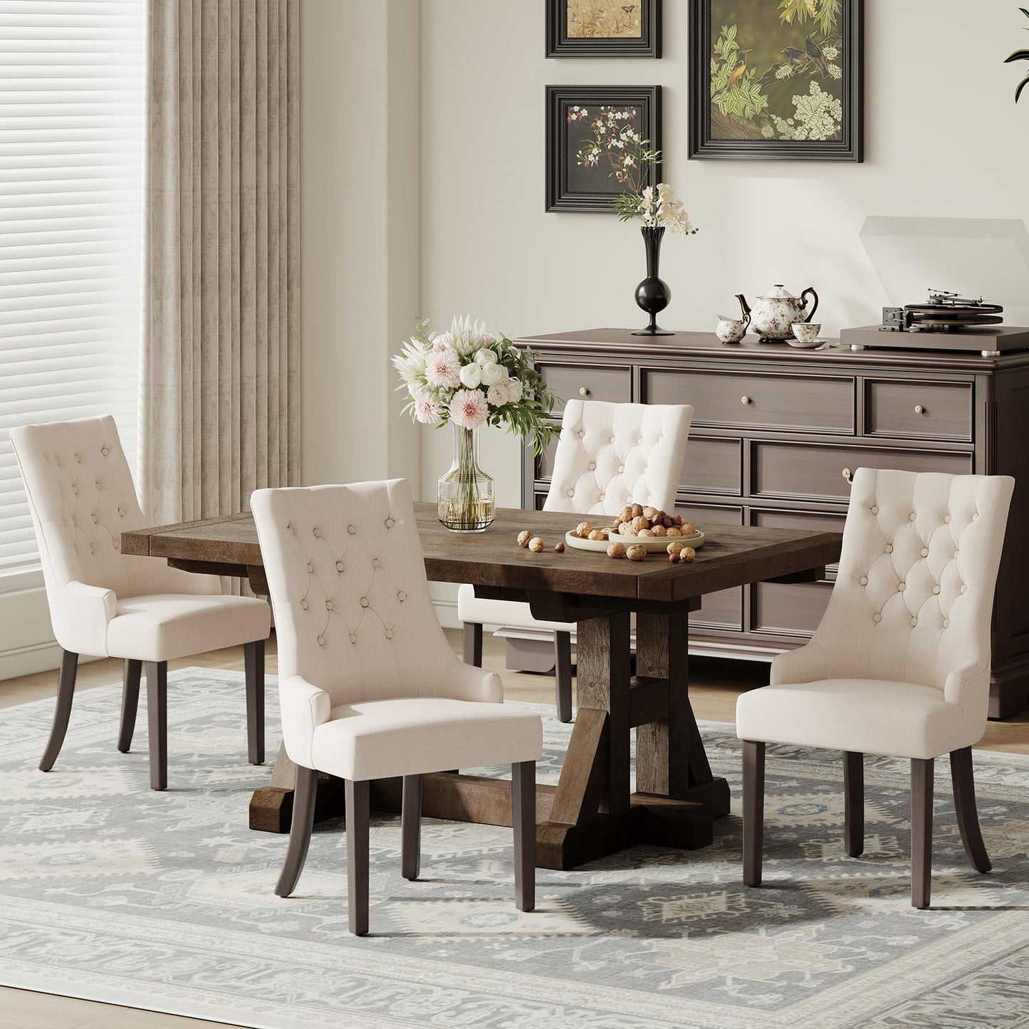 COLAMY Fabric Side Dining Chairs Set of 4, Wingback Upholstered Dining Room Chairs with Tufted Button, Living Room Chairs for Home Kitchen, Beige