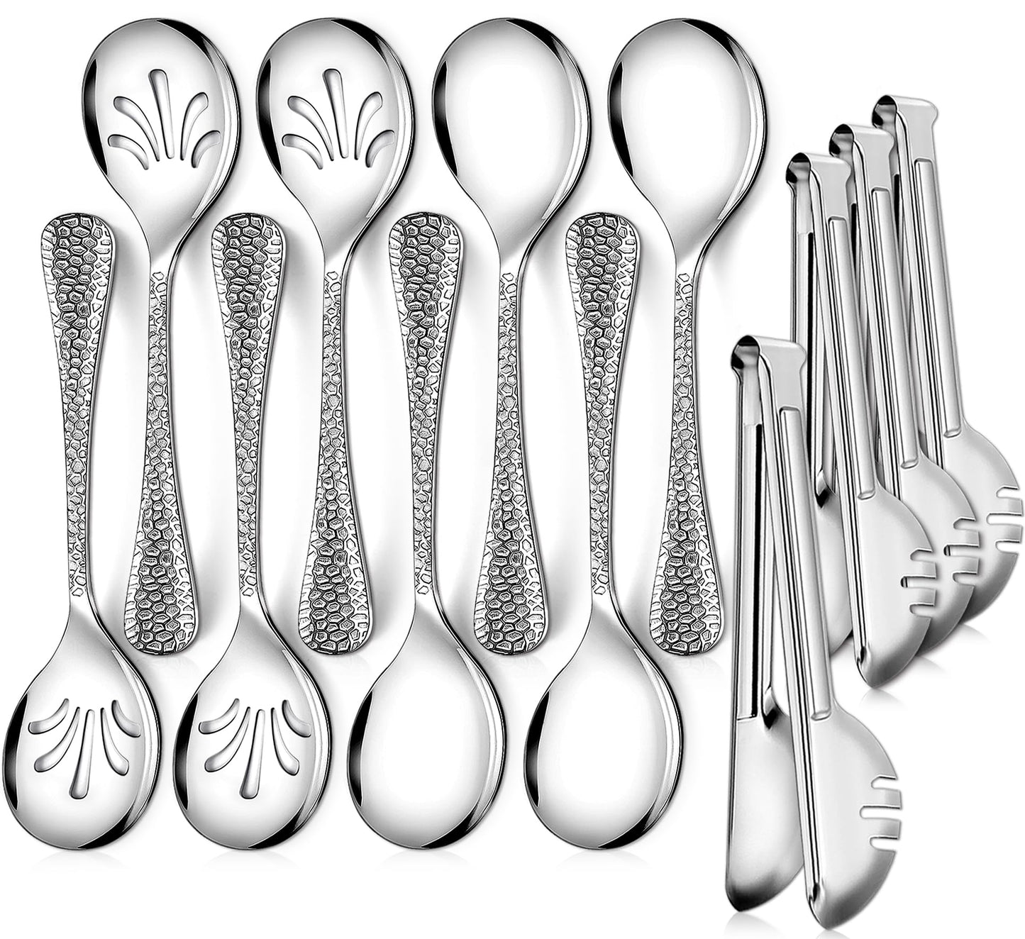 Teivio Hammered Stainless Steel Metal Serving Utensils Set of 12, 10" Serving Spoons, 10" Slotted Spoons, 9" Serving Tongs, Large Hostess Serving Set for Parties Chafing Dish Buffet Catering (Silver)