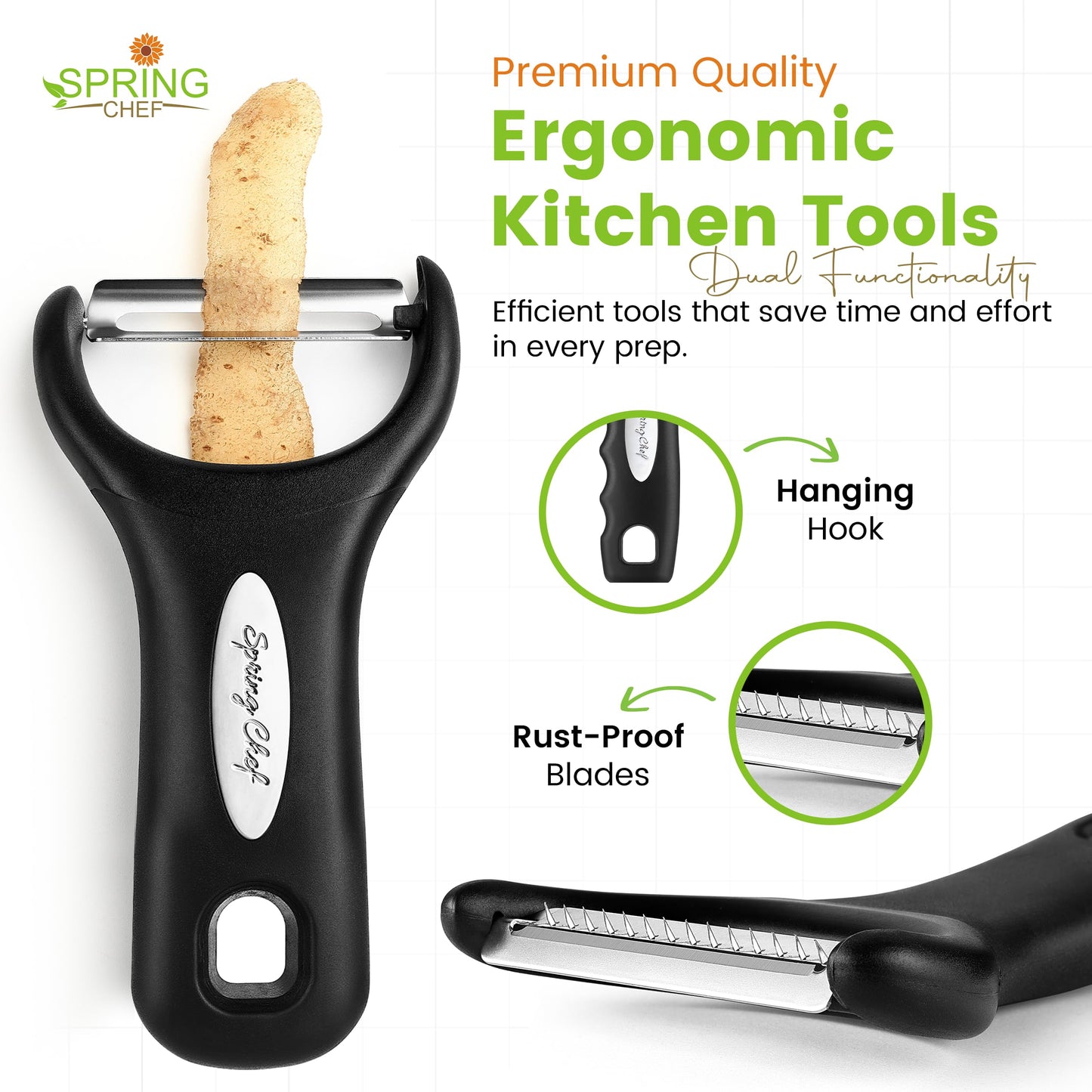 Spring Chef Vegetable Peelers for Kitchen - Stainless Steel Swivel, Y & Julienne Peelers, Potato Peelers with Soft Grip Handles, Kitchen Utensils Set of 3 for Fruits, Veggies, Apples, Carrots