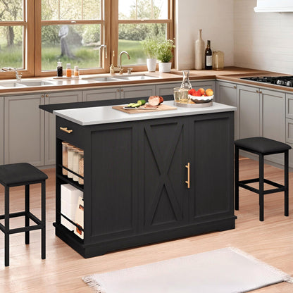 DWVO Kitchen Island with Seating and Stainless Steel Countertop, 47'' Rolling Garbage and Recycling Island with Folding Drop Leaf, Tilt-Out Trash Cabinet for 13-Gallon Bin, 2-Tire Spice Rack, Black