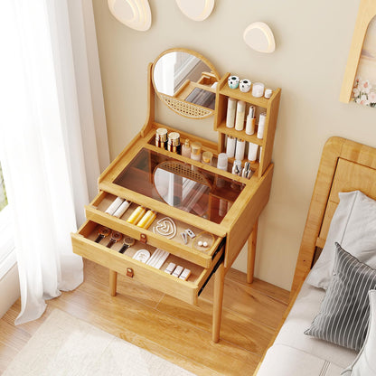 CHARMAID Small Bamboo Vanity Desk with Mirror and Stool, Glass Top Makeup Vanity Table with Storage Drawers, Shelves & Deep Tabletop Groove, Compact Dressing Table for Bedroom Small Spaces, 23.5" W