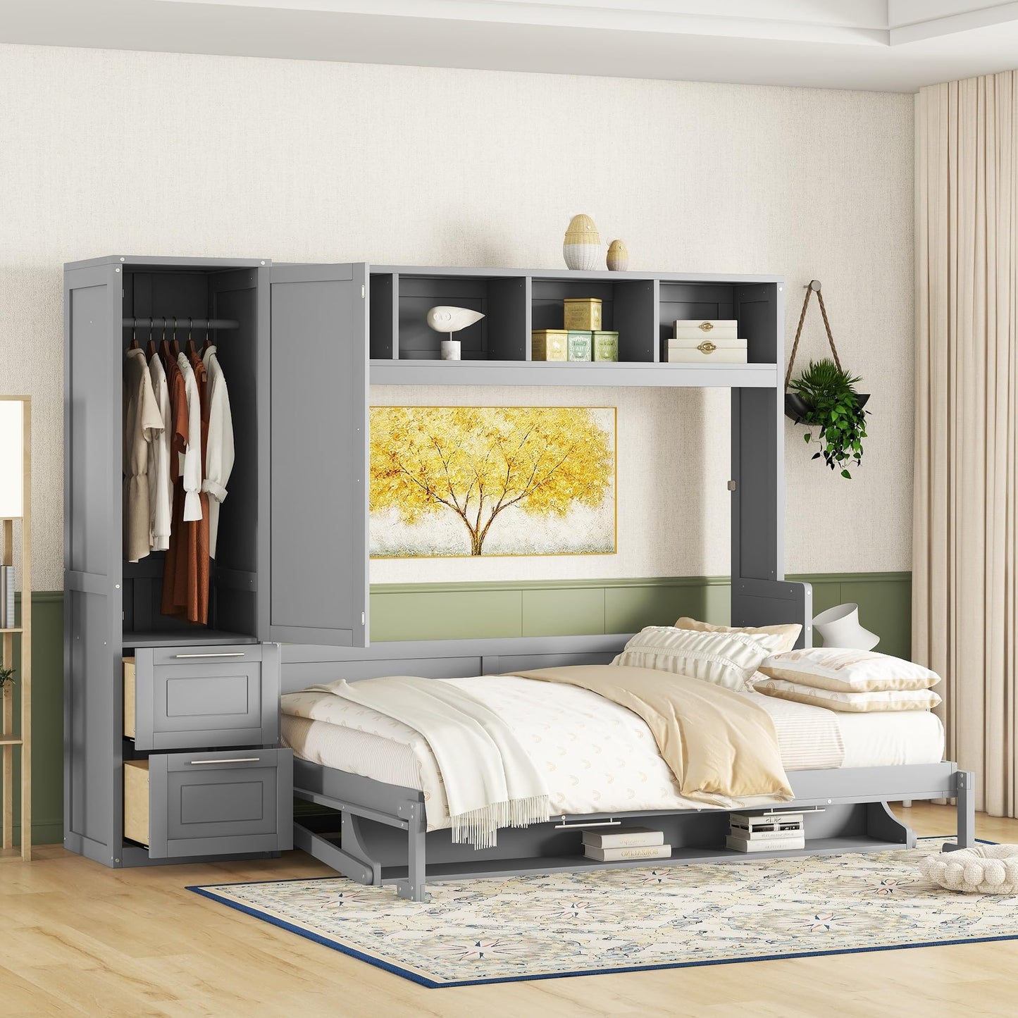 Merax Queen Size Murphy Bed, Wall with Closet and Drawers, Storage Space Saving Muti-Functional Beds Frame for Home Office Guest Room, Gray