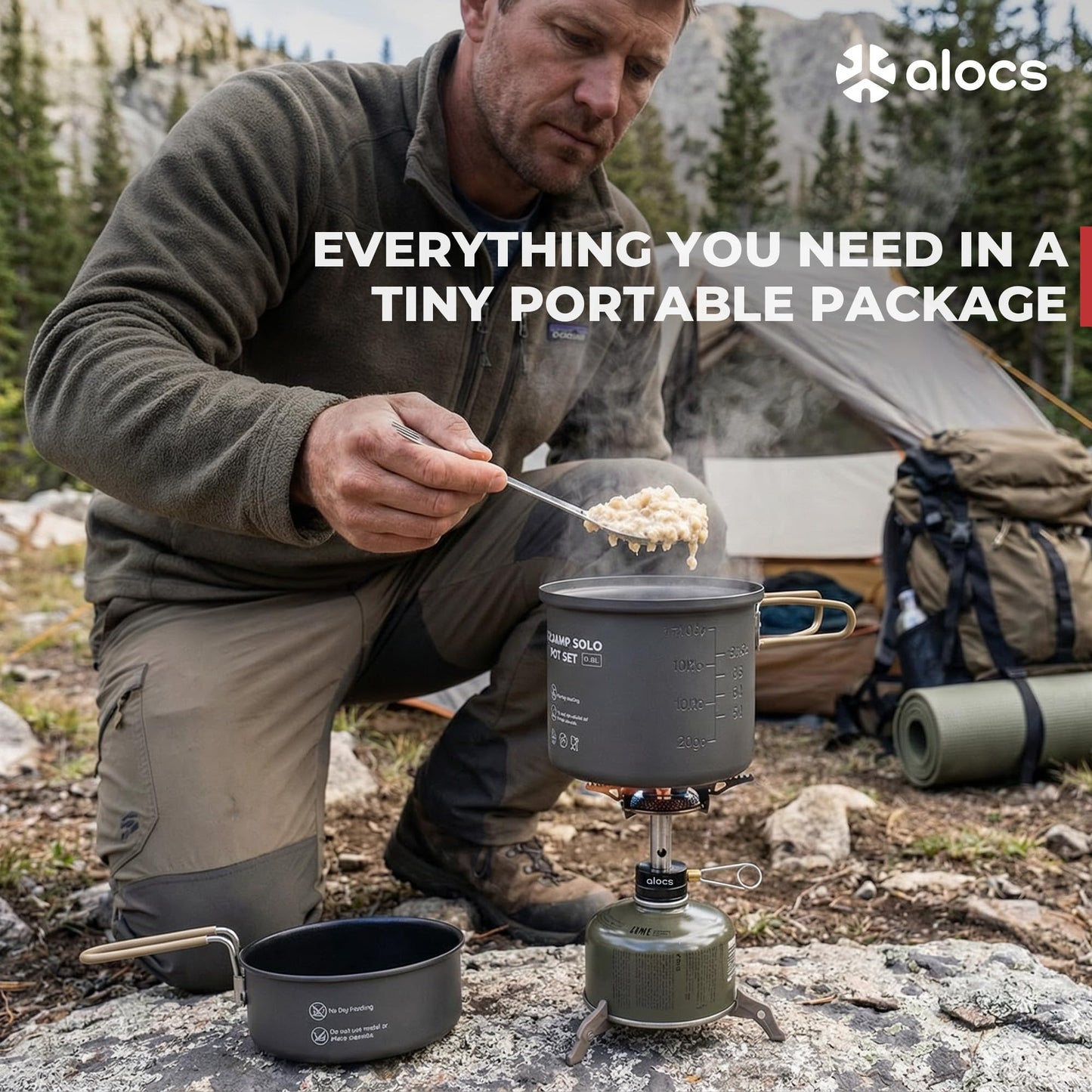 Alocs 9pcs Camping Cookware Kit, Non-Stick Lightweight Camping Pots with 3200w Stove, Igniter & Gas Canister Stand, 5-in-1 Utility Spork for Hiking, Solo Camping, Backpacking, Outdoor Cooking, Picnic
