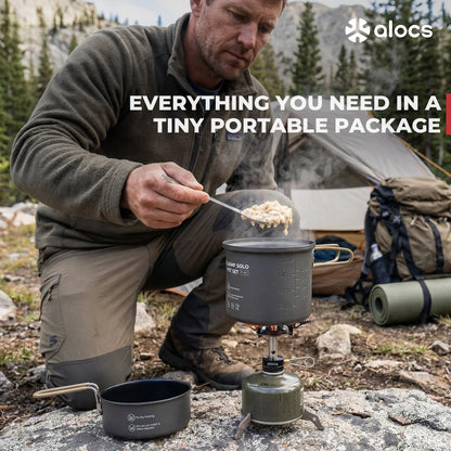 Alocs 9pcs Camping Cookware Kit, Non-Stick Lightweight Camping Pots with 3200w Stove, Igniter & Gas Canister Stand, 5-in-1 Utility Spork for Hiking, Solo Camping, Backpacking, Outdoor Cooking, Picnic
