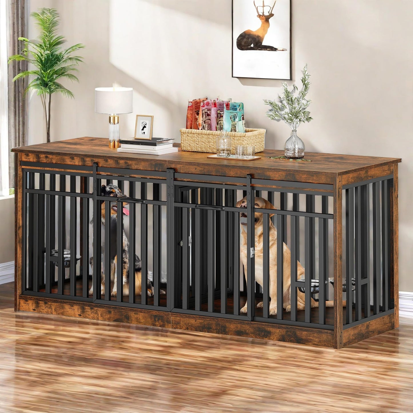 71 Inch Double Dog Crate Furniture for 2 Dogs, Heavy Duty Wooden Dog Crate TV Stand with 4 Dog Bowls, Dog Kennel Indoor Furniture Sliding Barn Door Design for Extra Large Dogs, Rustic Brown