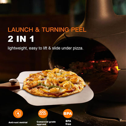 AriaTraders Aluminum Metal Pizza Peel (12" X 14"), Pizza Spatula with 14’’ Rocker Cutter, Pizza Paddle with Foldable Wooden Handle for Easy Storage, Pizza Spatula Paddle for Indoor & Outdoor Ovens