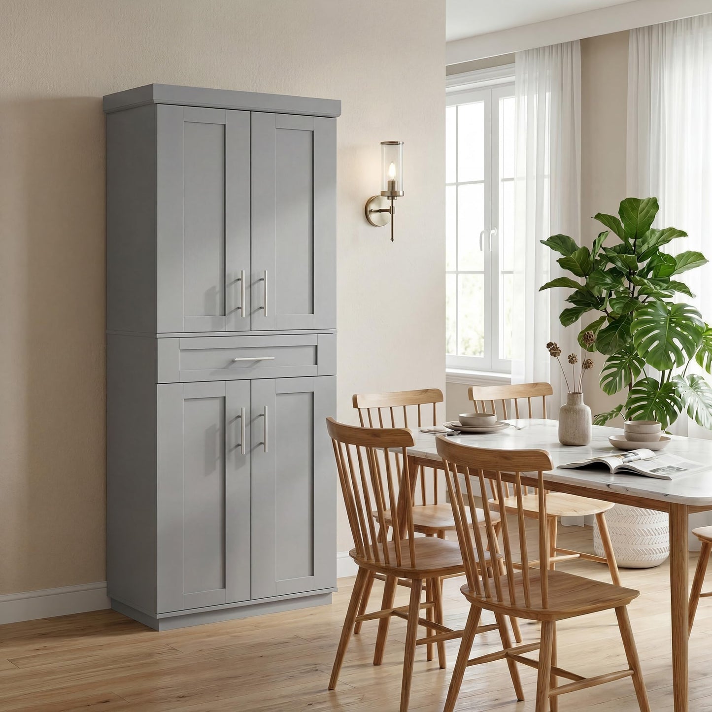 HOMCOM 72" Kitchen Pantry Cabinet, Freestanding Tall Storage Cabinet with 4 Doors, Drawer and 3 Adjustable Shelves for Dining Room, Gray