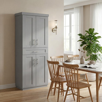 HOMCOM 72" Kitchen Pantry Cabinet, Freestanding Tall Storage Cabinet with 4 Doors, Drawer and 3 Adjustable Shelves for Dining Room, Gray