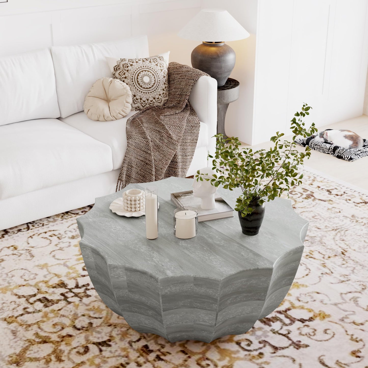 GDFStudio 35.43" Modern Indoor Outdoor Coffee Table, Waterproof Cement Round Table, MgO Concrete Circle Side Table, Creative Small Table for Patio Backyard Living Room, Fully Assembled, Marble+White