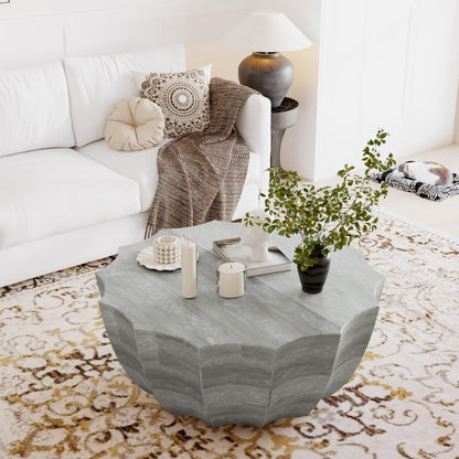 GDFStudio 35.43" Modern Indoor Outdoor Coffee Table, Waterproof Cement Round Table, MgO Concrete Circle Side Table, Creative Small Table for Patio Backyard Living Room, Fully Assembled, Marble+White