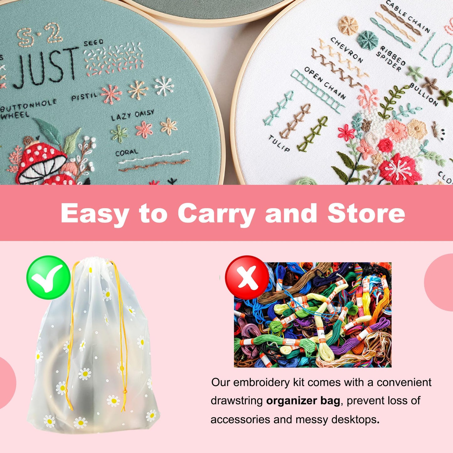 3 Sets Embroidery Starter Kit for Beginners Adults and Kids, Hand Embroidery Kits with Stamped Patterns, Floral Embroidery Stitches Kit DIY Craft Includes Hoop, Threads, Cloth, Storage Bag