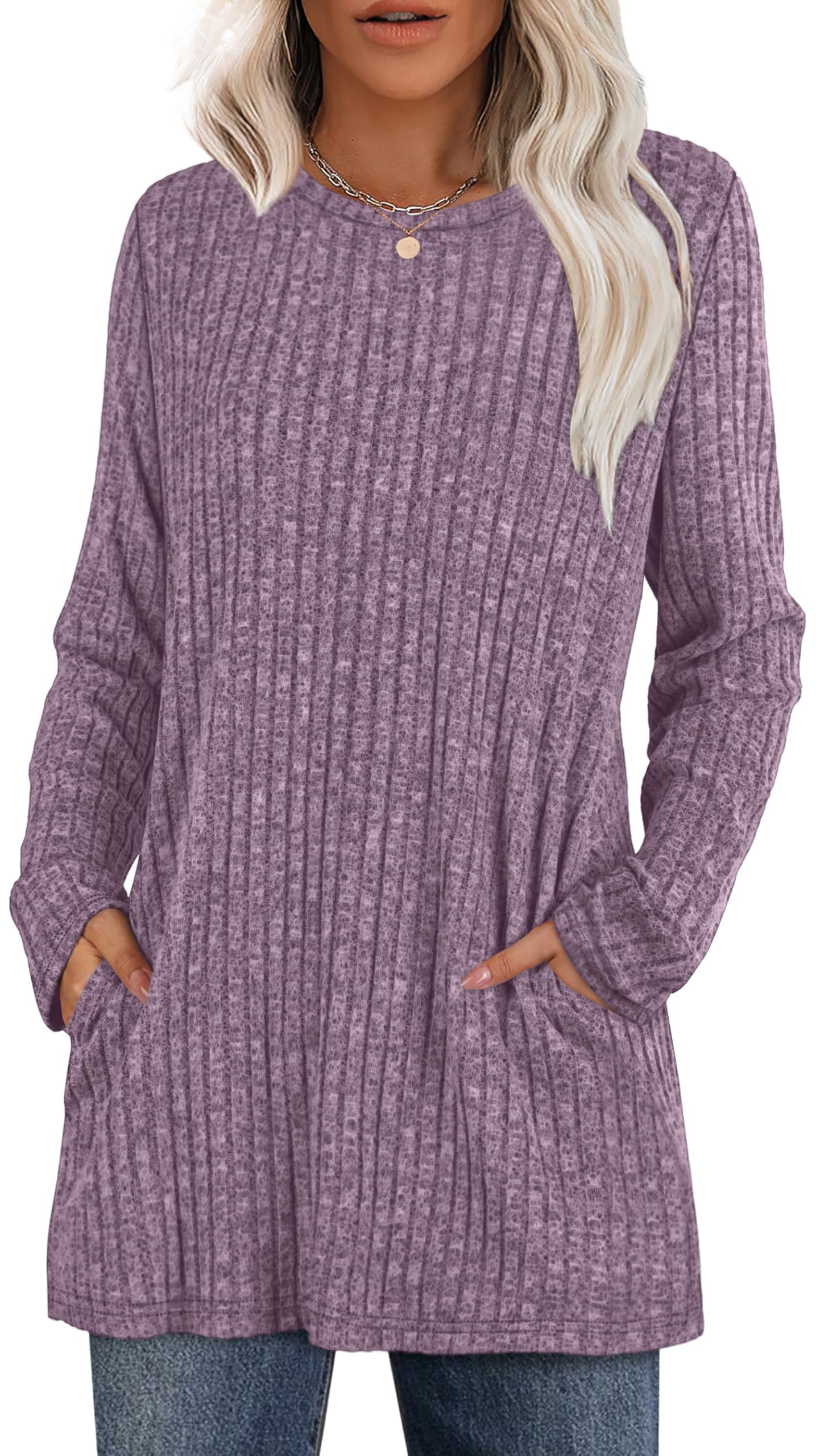 XIEERDUO Long Sleeve Shirts for Women Crewneck Tunic Tops Loose Fit Dressy Womens Sweaters with Pockets Fall Fashion 2025