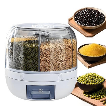 Wnnideo Rotating Grain Storage Bin 6 Grids Rice Container One-Click Output Large Capacity Food Dispenser For Rice Grains Sealed Moisture Proof Organizer (Small)
