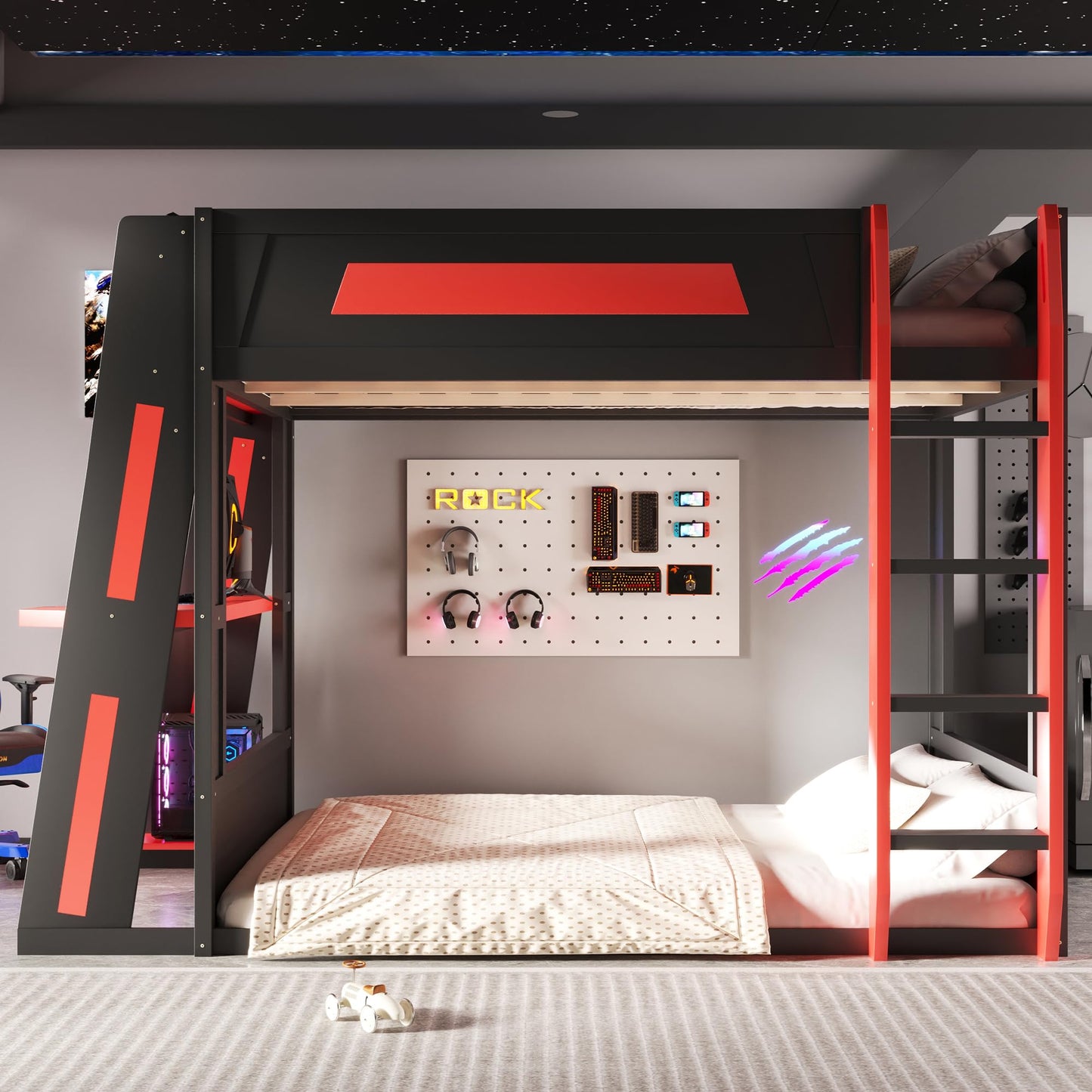 Merax Queen Over Queen Wooden Gaming Bunk Bed with Built-in Desk, LED Lights, USB Port, and 2 Storage Shelves, Solid Wood Gaming Loft Bed for for Bedroom, Black+Red