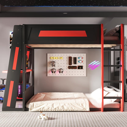 Merax Queen Over Queen Wooden Gaming Bunk Bed with Built-in Desk, LED Lights, USB Port, and 2 Storage Shelves, Solid Wood Gaming Loft Bed for for Bedroom, Black+Red