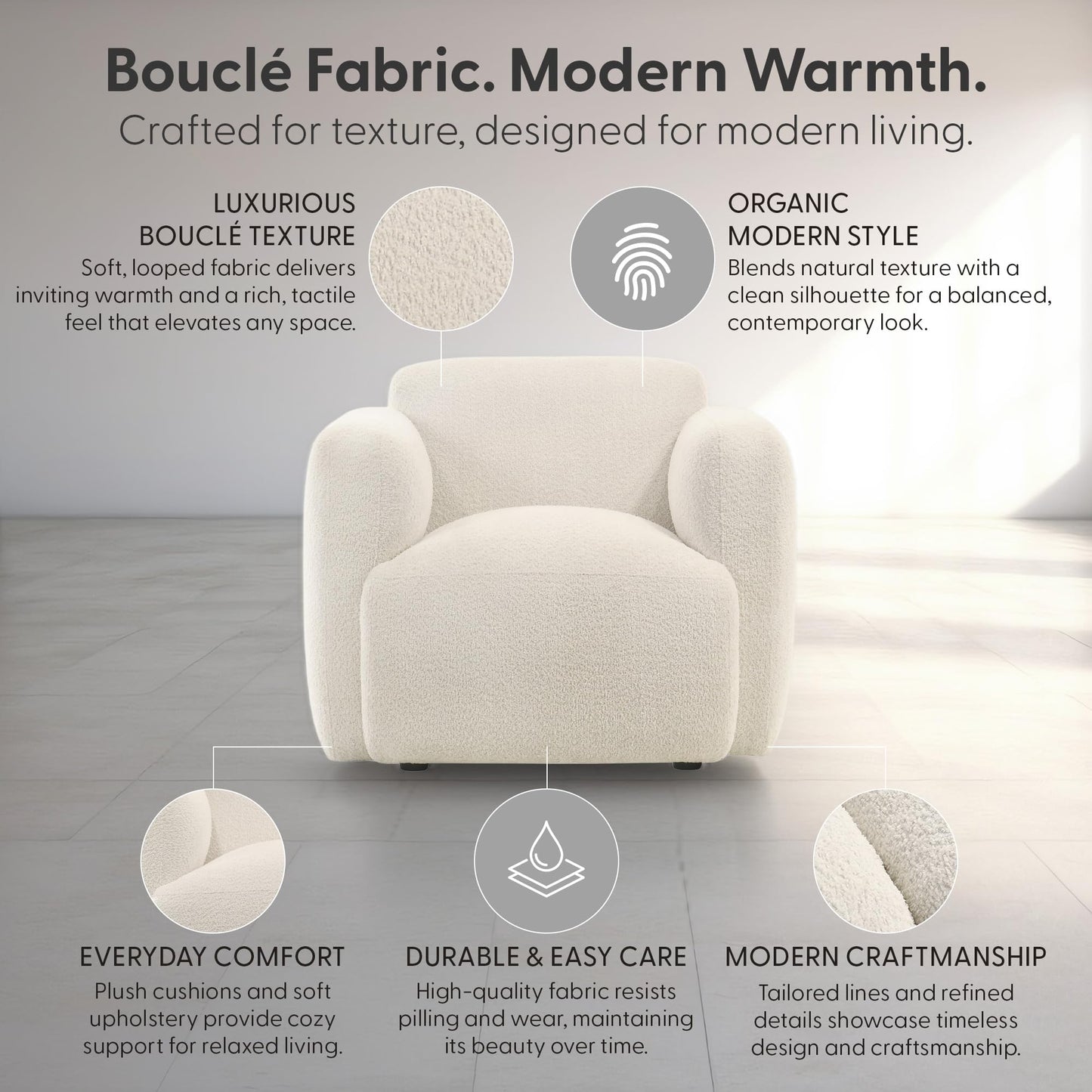 Sierra Modern Ivory White in Boucle Fabric Accent Chair with Rounded Arms for condo or Small Apartment