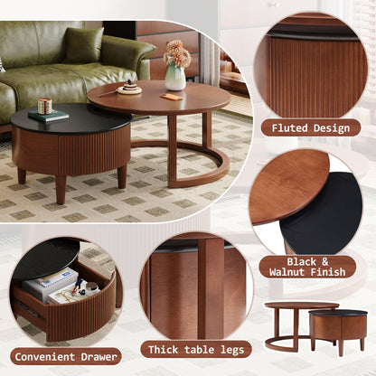 Merax 31.5'' Vintage Round Nesting Wood Coffee Table Set, 2-Tier with Drawer & Storage, Two-Tone Finish Fluted Design for Living Room Apartment, Walnut+Black