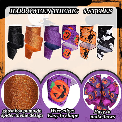 Whaline 6 Rolls Halloween Wired Edge Ribbon 2.5 Inch 30 Yards Glitter Purple Orange Black Ghost Boo Pumpkin Spider Printed Ribbon for Bow Wreath Craft Gift Wrap Party Decor