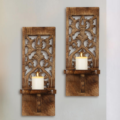 Wall Mount Rustic Candle Sconces Set of 2 - Wooden Floating Shelf Pillar Candle Holders, Farmhouse Wall Décor for Living Room & Bedroom - 16 Inch - Antique Burnt