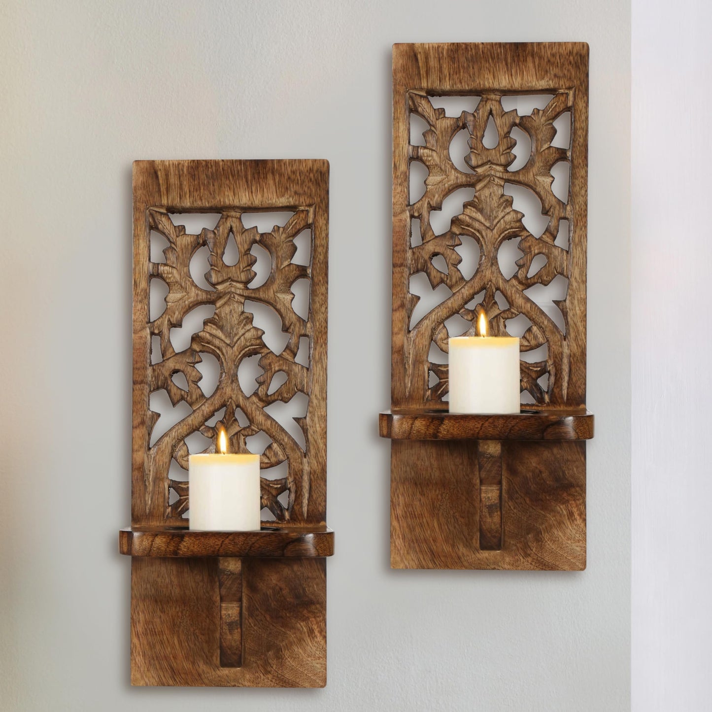 Wall Mount Rustic Candle Sconces Set of 2 - Wooden Floating Shelf Pillar Candle Holders, Farmhouse Wall Décor for Living Room & Bedroom - 16 Inch - Antique Burnt