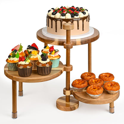 GEHE 3 Tier Round Cupcake Stand, 360° Rotatable Acacia Wood Cake Stand Cupcake Tower, Rustic Wooden Tiered Dessert Table Display Set, Tiered Tray Stands for Birthday, Wedding Party (12-10-8 IN)