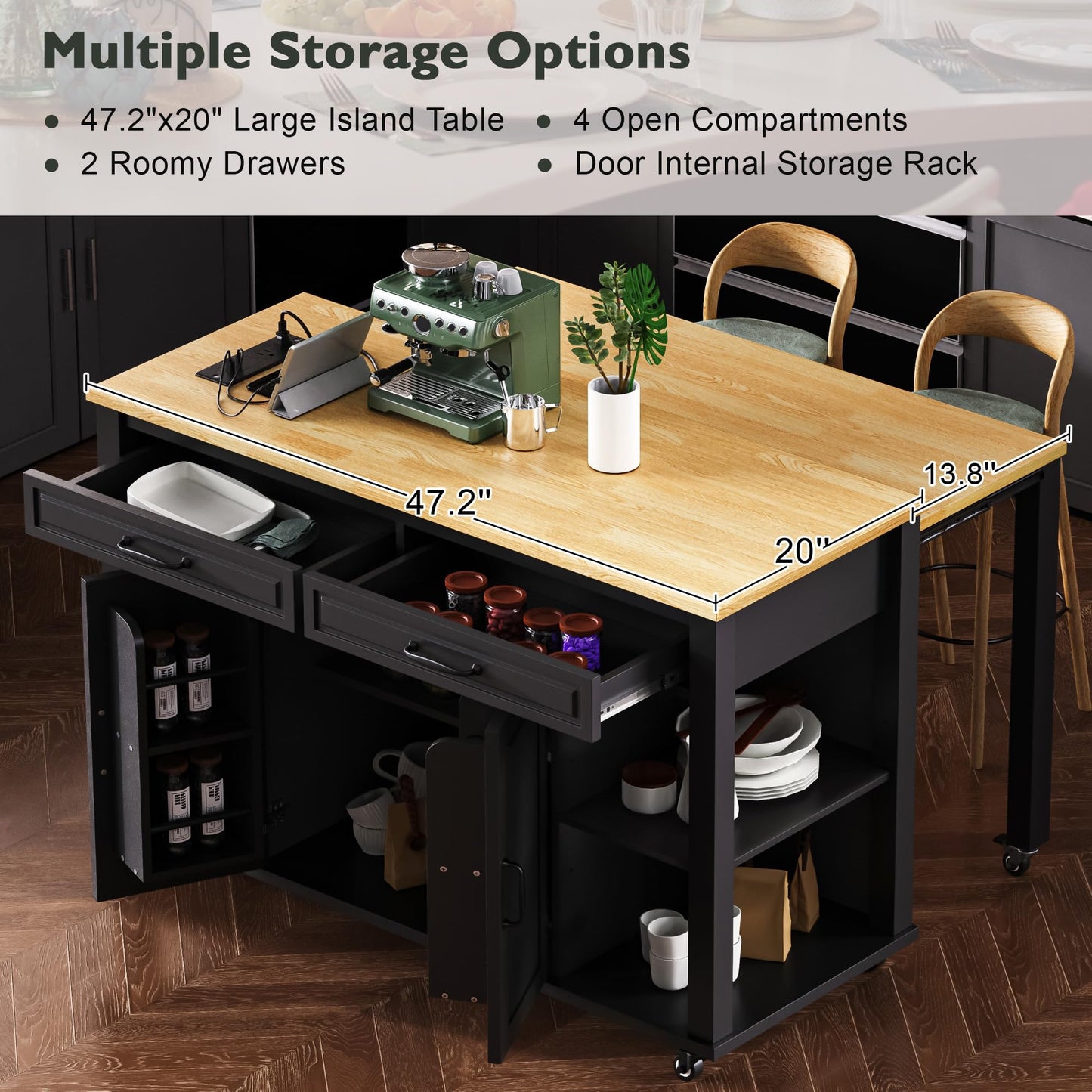 Ball & Cast Kitchen Island with Extendable Dining Table,Rubber Wood Veneer Kitchen Table with Internal Storage Rack,Power Outlet & USB Ports,Kitchen Cart On Wheels W/ 2 Drawers & 2 Cabinets,Black,47"