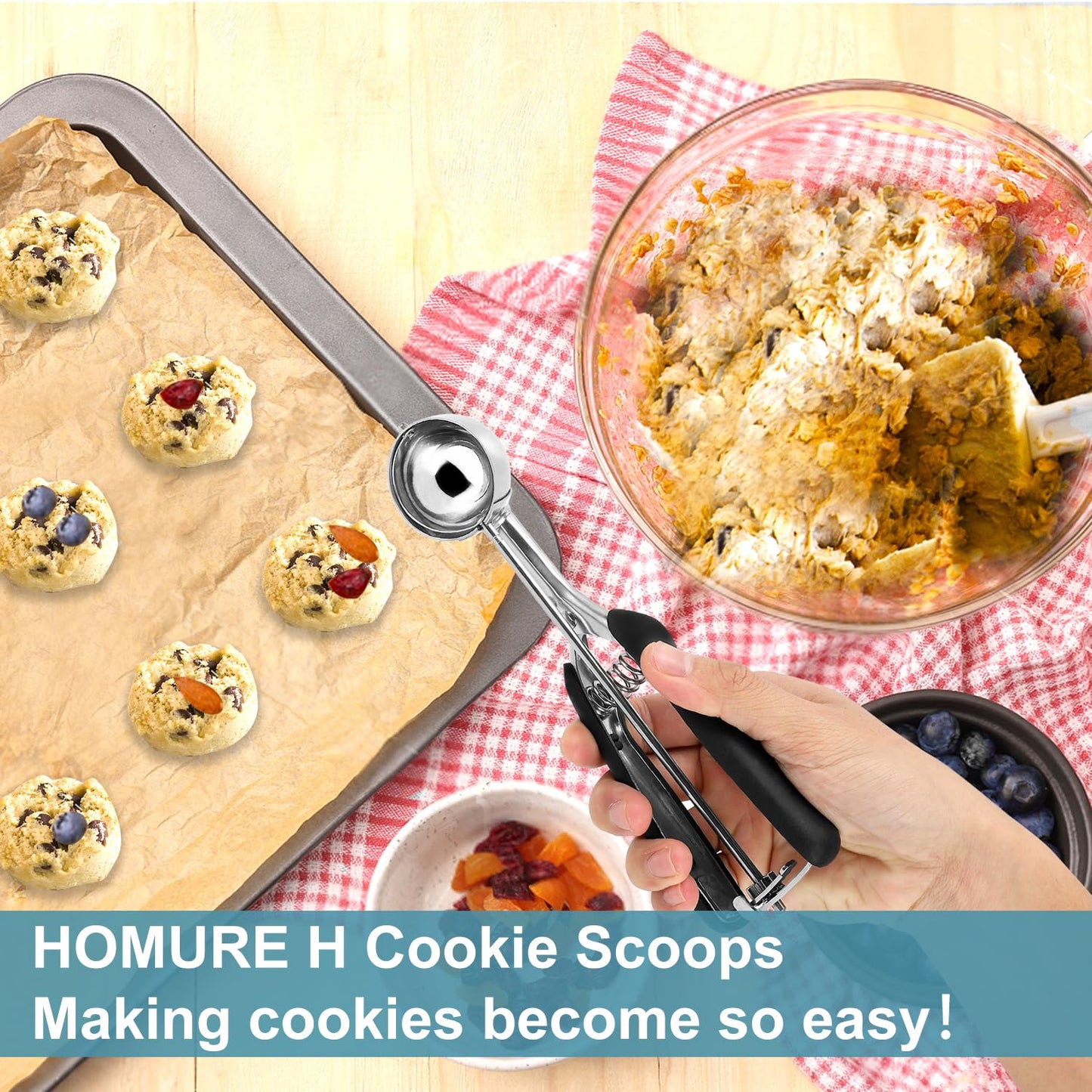 HOMURE H Cookie Scoop Set, Include 1 Tbsp/2 Tbsp/3 Tbsp, Cookie Dough Scoop, Cookie Scoops for Baking Set of 3, 18/8 Stainless Steel, Good Grip, Non-Slip, For Cookies Cupcake Muffin Ice Cream waffle