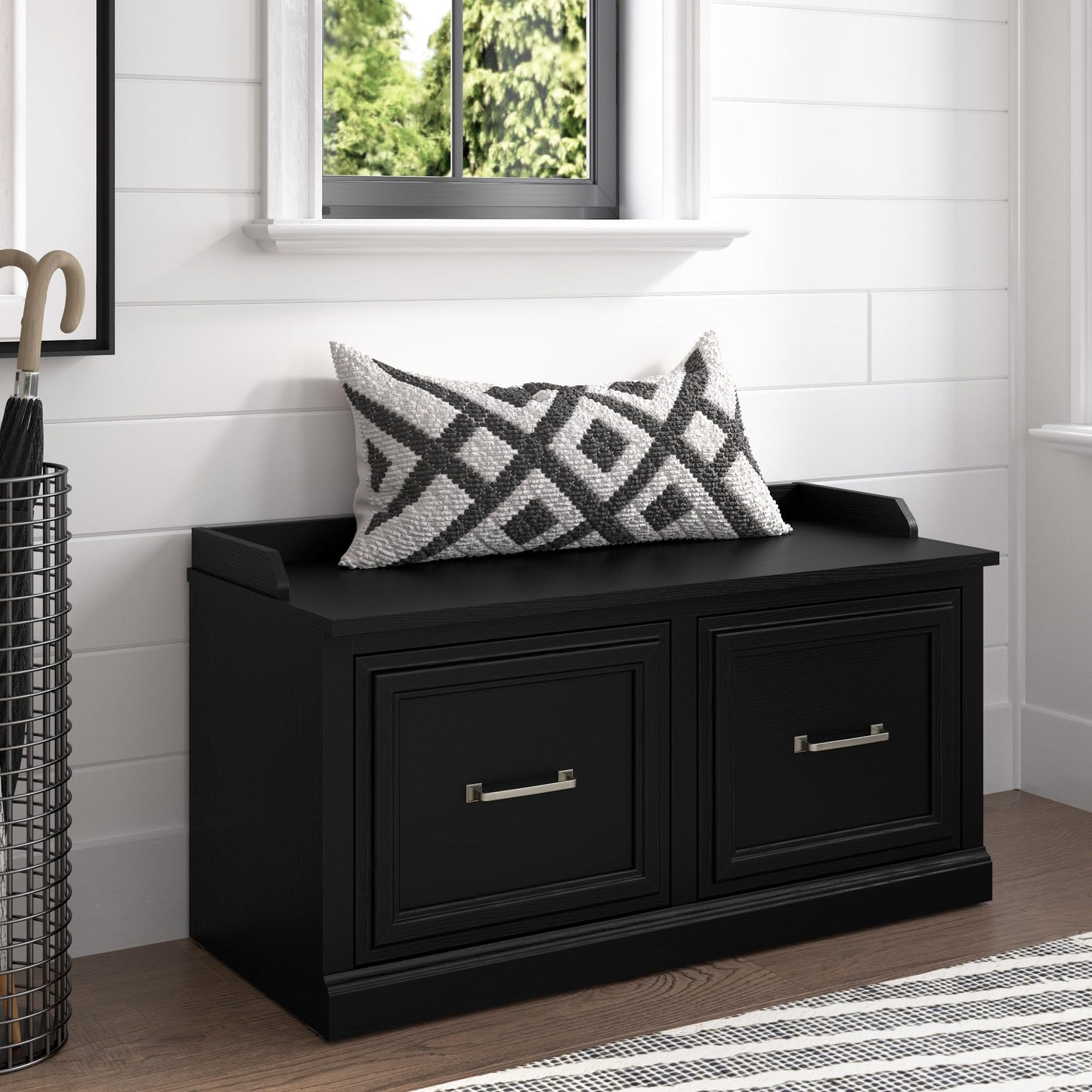 Bush Furniture Woodland 40W Shoe Storage Bench with Doors in Black Suede Oak | Footwear Organizer for Home Entryway, Mudroom, and Foyer