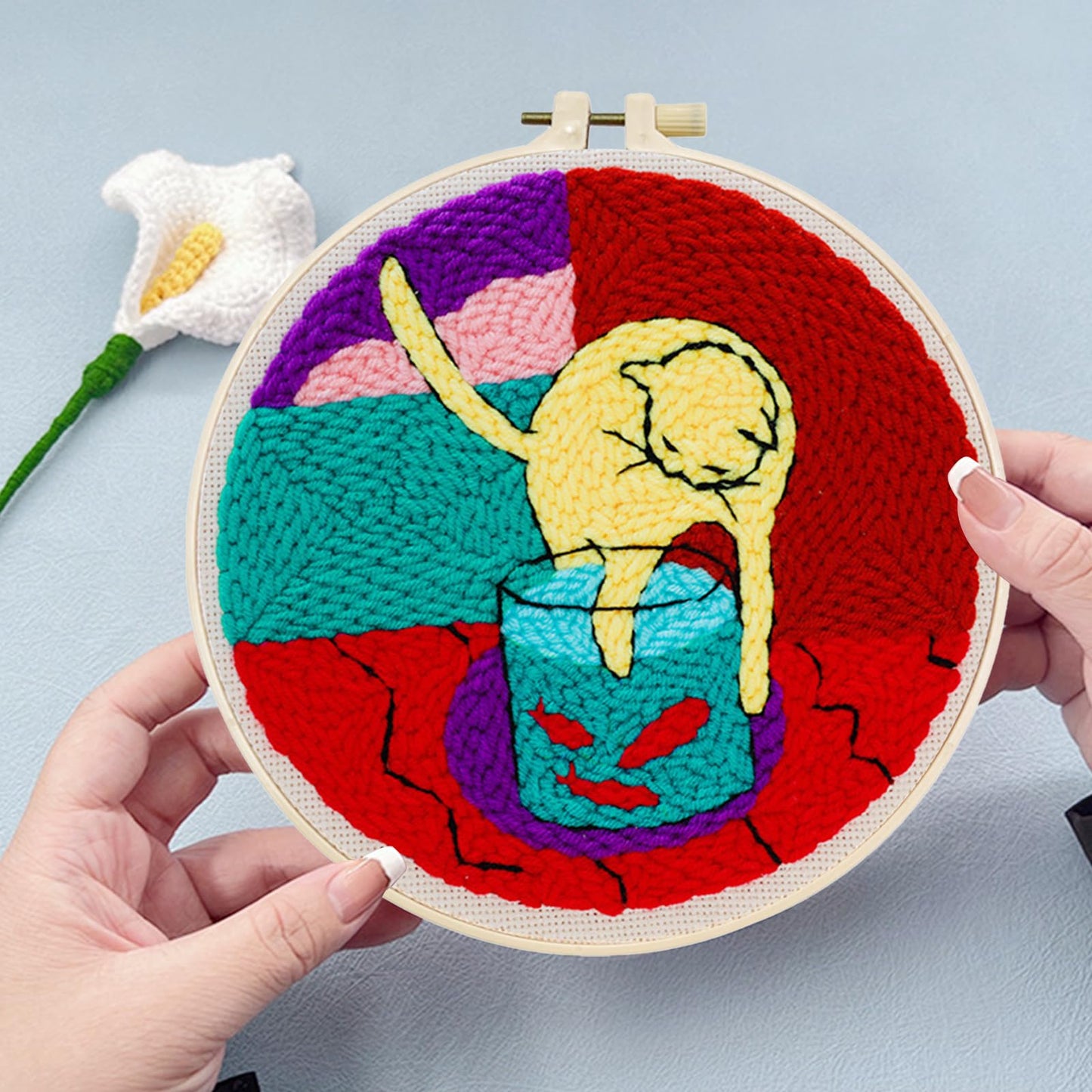 Woohome Punch Needle Kit Included Plastic Hoops, Punch Needle Cloth, Color Yarn and Punch Needle Tools for Adults, Beginners (Cat and Vase)