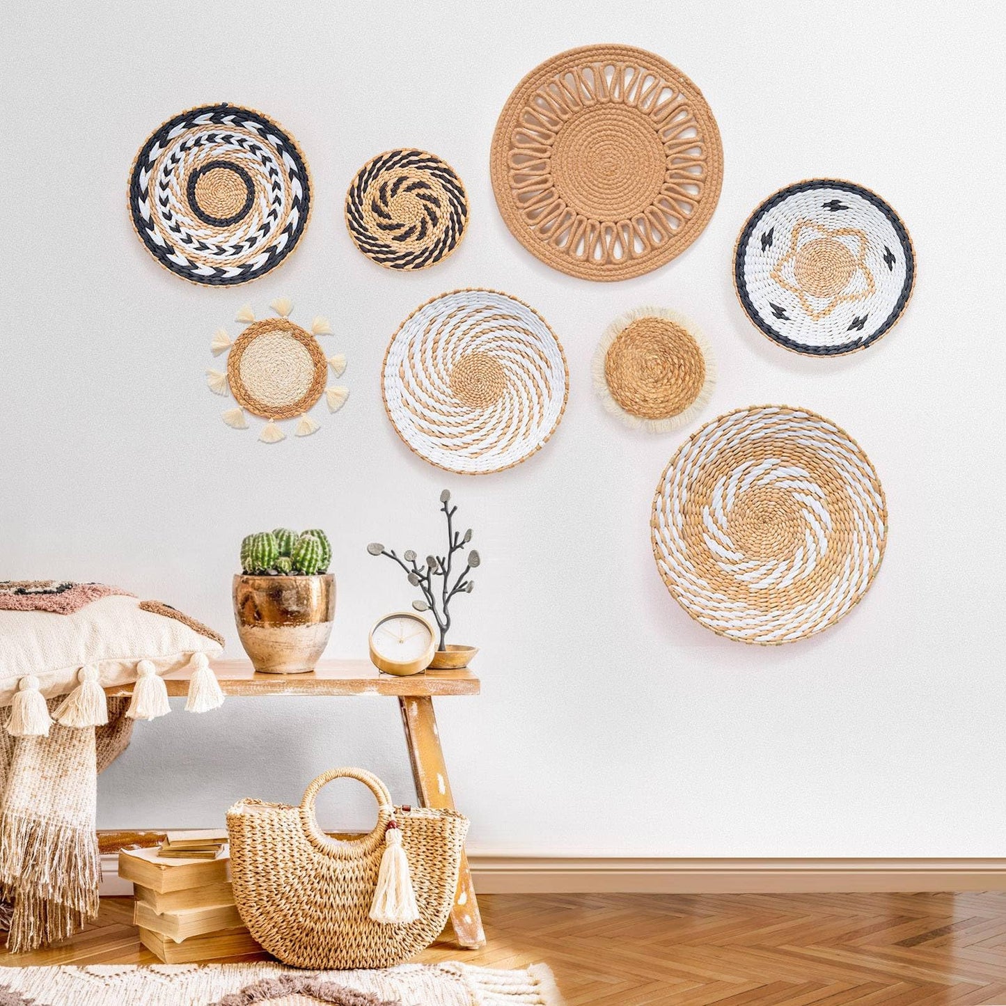 8 Pack Boho Wall Decor, 12 Inch Wall Basket Decor Round Handmade Hanging, Rattan Woven Wall Basket Decor for Living room, Rustic Flat Elegant, Farmhouse, Bedrooms, Table Settings, Kitchen Home