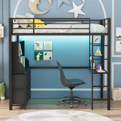 GarveeHome Loft Bed Twin Size with Desk, 4 Large Fabric Drawers and 2 Storage Shelves, Heavy Duty Metal Loft Bed with LED Lights & Charging Sation, Safety Guard & Ladder, No Box Spring Needed, Black