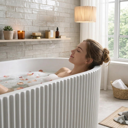 59" Acrylic Freestanding Soaking Bathtub, Deep Ergonomic Design with Lumbar Support, Integrated Overflow Drain, Non-Slip Base,cUPC Certified Modern Bathroom Tub, Easy Installation for Bathroom