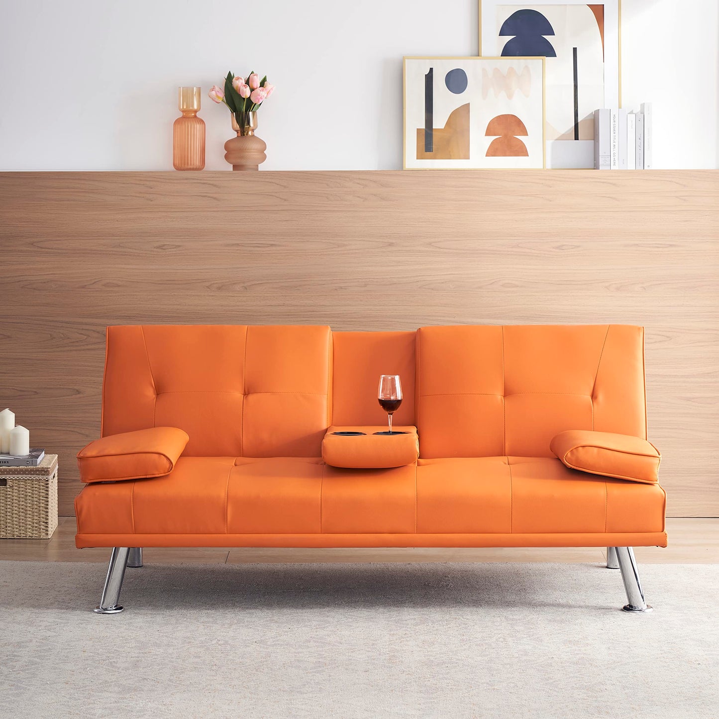 KEIKI 67" Leather Folding Futon Sofa w/Cup Holder & Adjustable Backrest, Mid Century Modern Couch Loveseat Convertible to Sleeper Bed, Comfy Cloud Couch SofaBed for Living Room & Bedroom, Orange