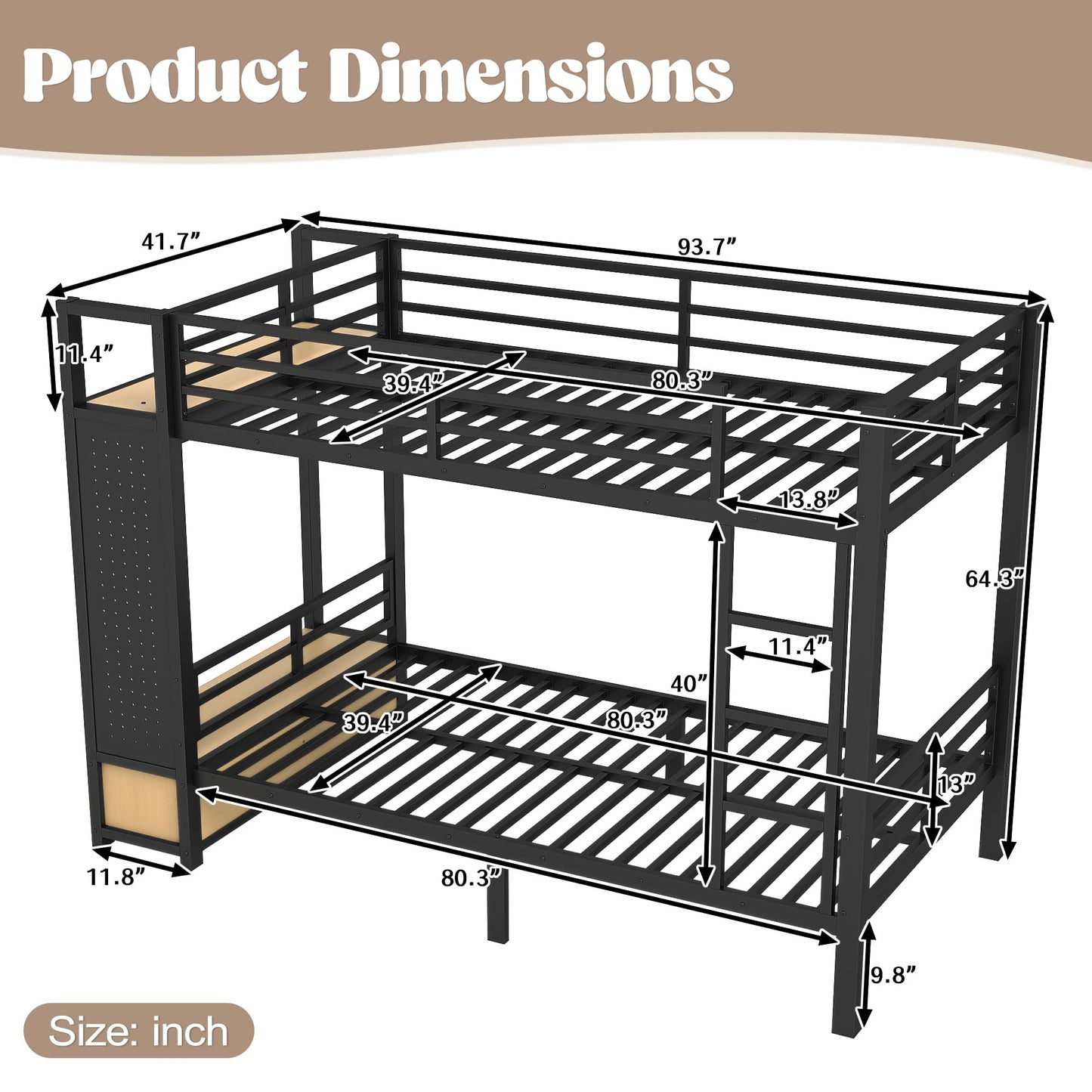 Bellemave Bunk Bed Twin XL Over Twin XL,Metal Bunk Bed with Shelf and Guardrails,Queen Bunk beds with Storage Drawers and Clothes Hooks for Kids, Teens & Adults（Black）