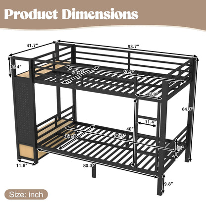 Bellemave Bunk Bed Twin XL Over Twin XL,Metal Bunk Bed with Shelf and Guardrails,Queen Bunk beds with Storage Drawers and Clothes Hooks for Kids, Teens & Adults（Black）