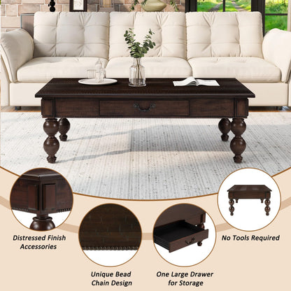 KEIKI 47''L Solid Wood Coffee Table with Storage Drawer, Rectangular Traditional Vintage Cocktail Center Table for Living Room, Rubber Wood Gourd-Shaped Legs, Acacia Wood Veneer, Espresso