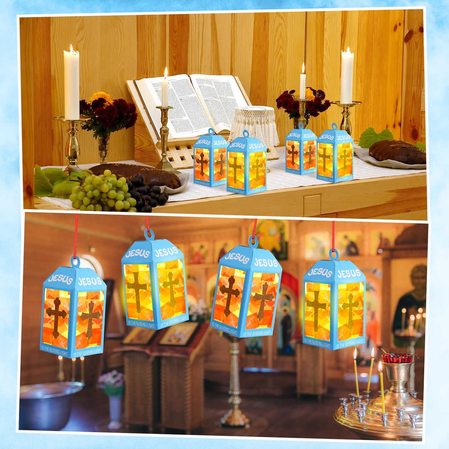 Simgoing 12 Religious Cross Lanterns Crafts with LED Candles Lights Jesus Lights The Way Sunday School Tissue Paper DIY Oil Lamp Cross Hanging Ornament Vsb Church Activity