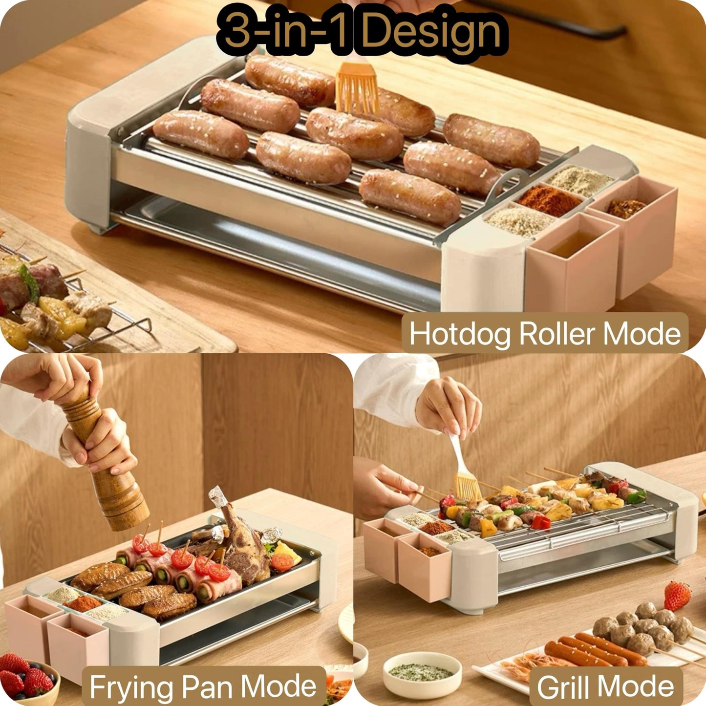 Hot Dog Roller, 3 in 1 Hot Dog Machine 6 Rollers, 3-Speed Control Hotdog Roller Grill 5ft Cord, Non-Stick Removable Grilling & BBQ Plates, for Family Gatherings & Outdoor BBQ