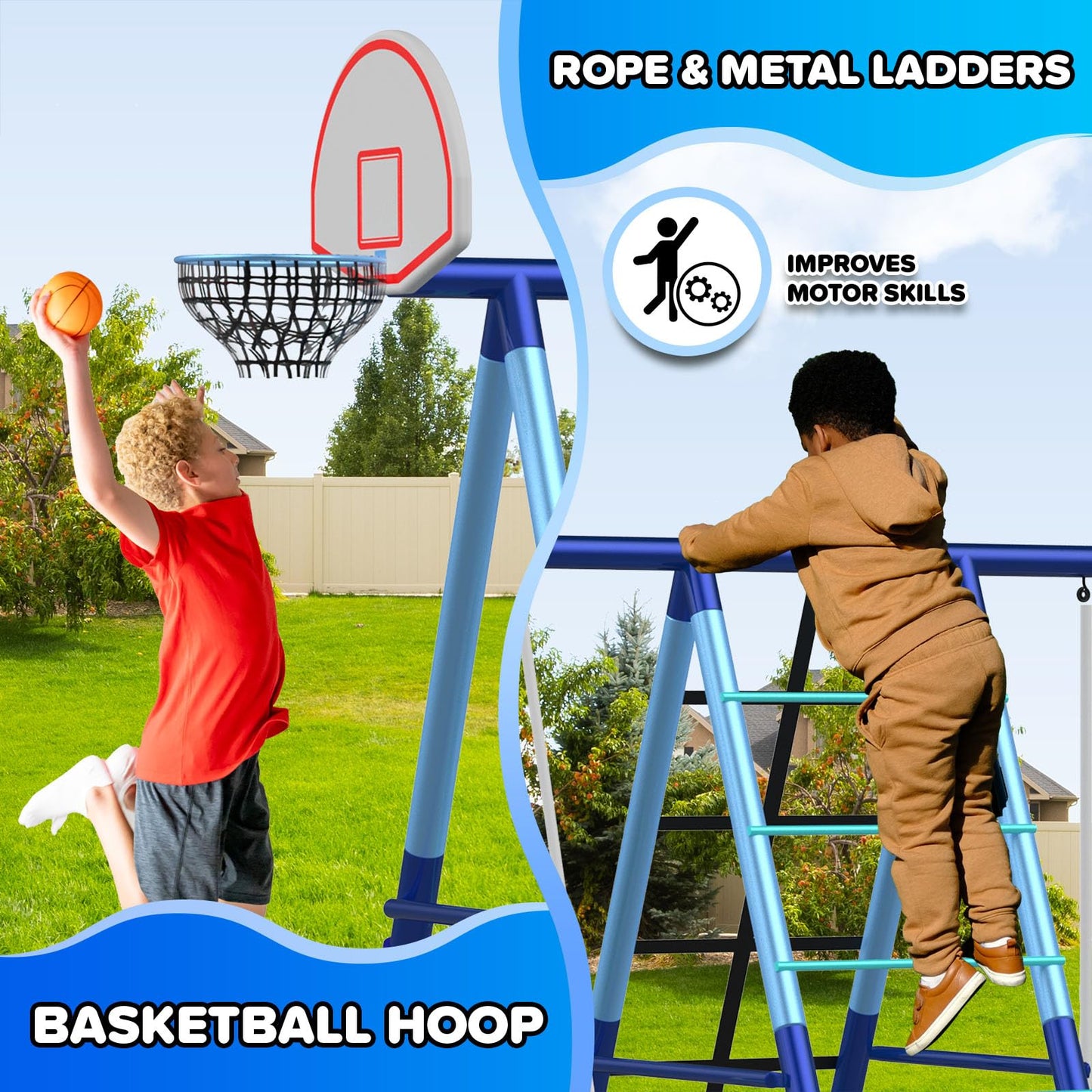 Sportspower Ramona Metal Swing Set 7-in 1: 3 Swings, Climbing Ladder and net, Basketball Hoop, and 5-ft Blow Molded Slide, 700lb Capacity, Yellow & Blue, Bonus Anchor kit Included