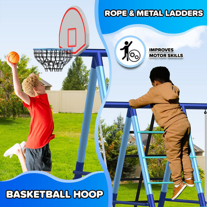 Sportspower Ramona Metal Swing Set 7-in 1: 3 Swings, Climbing Ladder and net, Basketball Hoop, and 5-ft Blow Molded Slide, 700lb Capacity, Yellow & Blue, Bonus Anchor kit Included