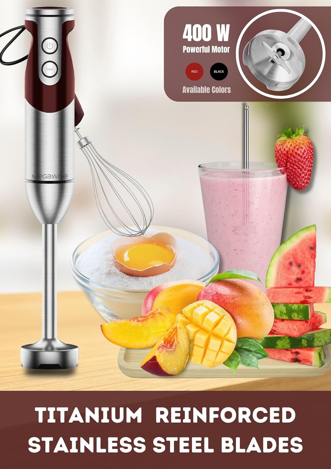 3- in-1 Immersion Hand blender, Powerful MOTOR & Stainless Steel Stick Blender, 4 Sharp Blades with Whisk, Milk Frother Attachments
