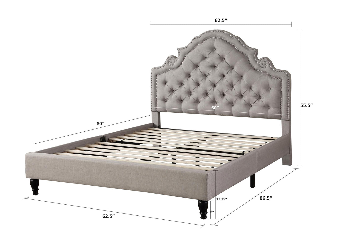 HomeLife Premiere Classics 51" Tall Platform Bed with Cloth Headboard and Slats - King (Light Grey Linen)
