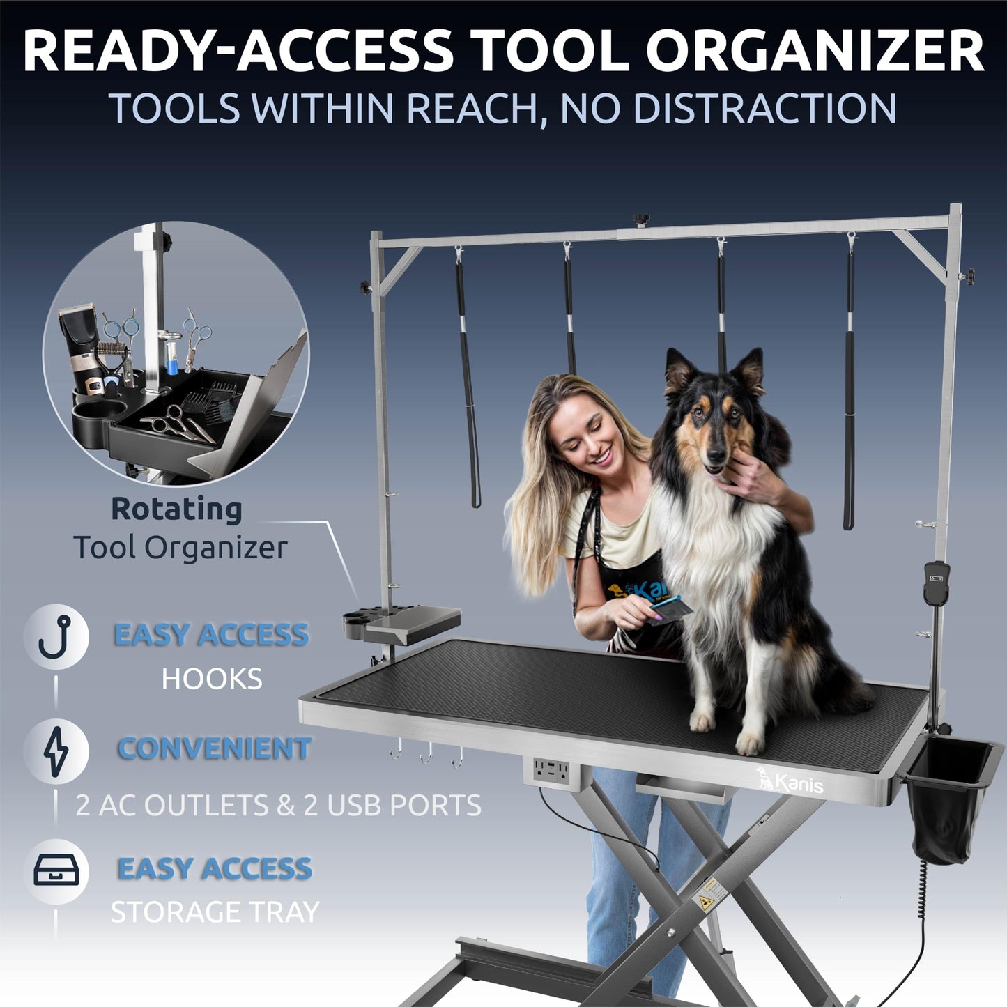 KANIS Professional Electric Dog Grooming Table - Heavy Duty, Height Adjustable Pet Grooming Table w/Leveling Wheels, Dog Grooming Arm, Anti-Slip Tabletop & Tool Organizer (Grey, 49")