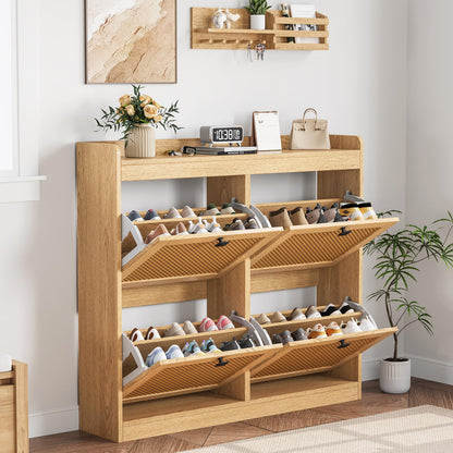 Shoe Cabinet with 4 Deep Flip Drawers, Base Freestanding Wooden Shoe Storage Cabinet with Rattan Door & 3-Tier Adjustable Shelves,Shoe Organizer for Entryway,Hidden Shoe Rack for Hallway,2PCS