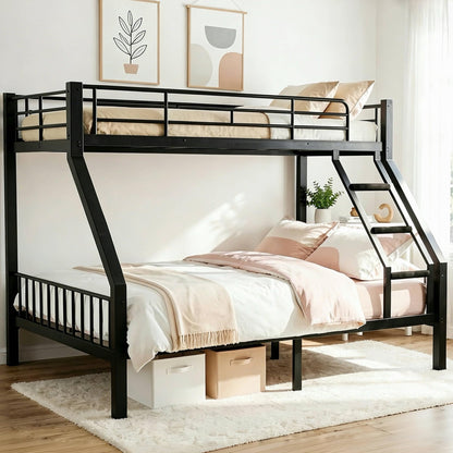 Mixcous Twin XL Over Queen Bunk Bed, Heavy Duty Queen Bunk Bed for Adults, Metal Bed Frame with Full-Length Guardrails & EVA Padded Anti-Slip Ladder, No Box Spring Needed, Black