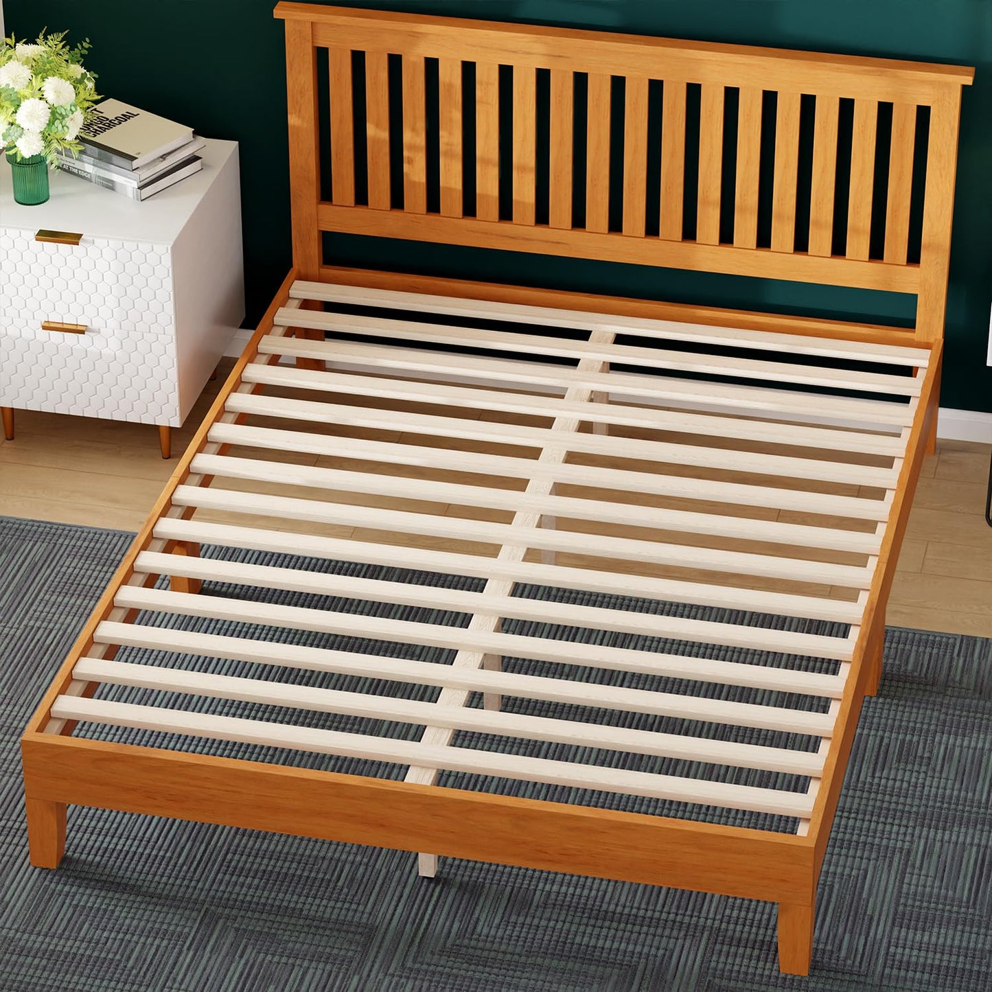 FDW Wood Platform Bed Frame Sturdy Solid Wood Foundation with Wooden Headboard/Wood Slats Support/No Box Spring Needed/Easy Assembly/Under Bed Storage (Queen)