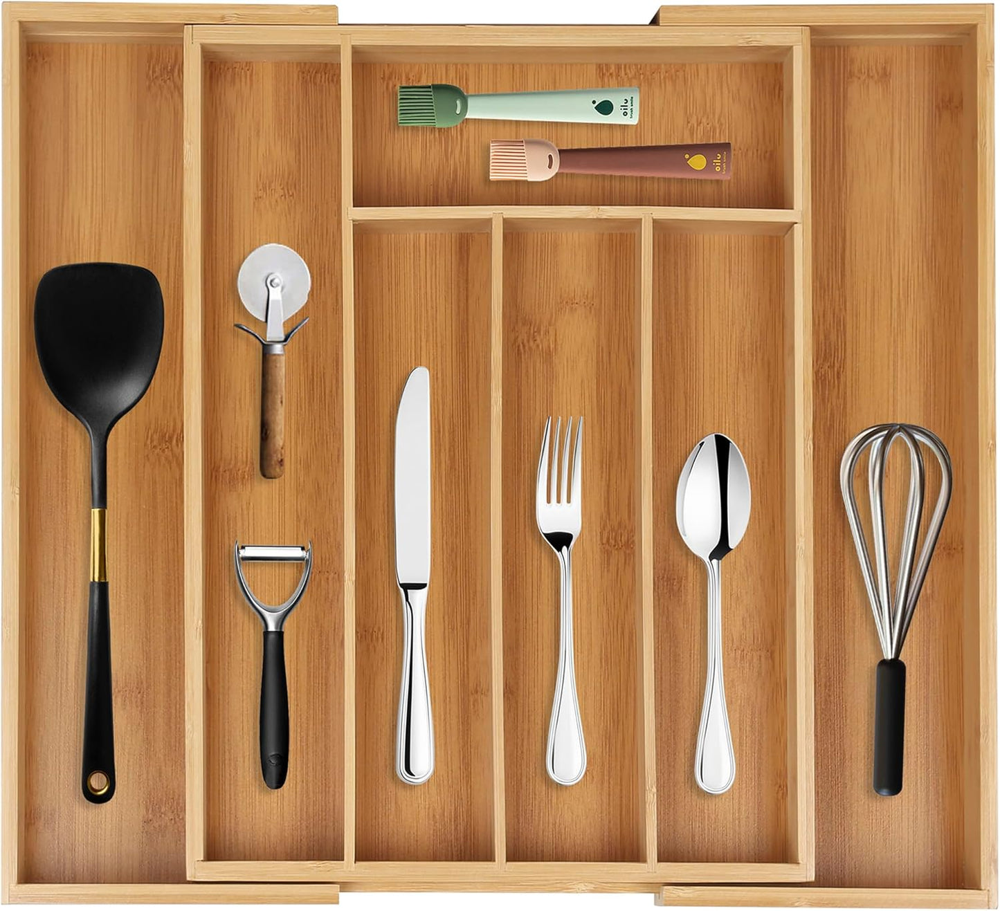 Bamboo Drawer Organizer, Expandable Cutlery Tray, Adjustable Utensils Holder for Storing Silverware in Kitchen, Bedroom